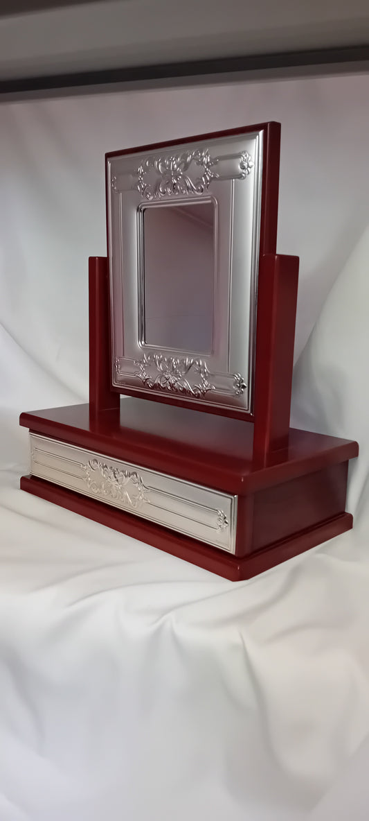Specchiera con cassetto in legno e argento