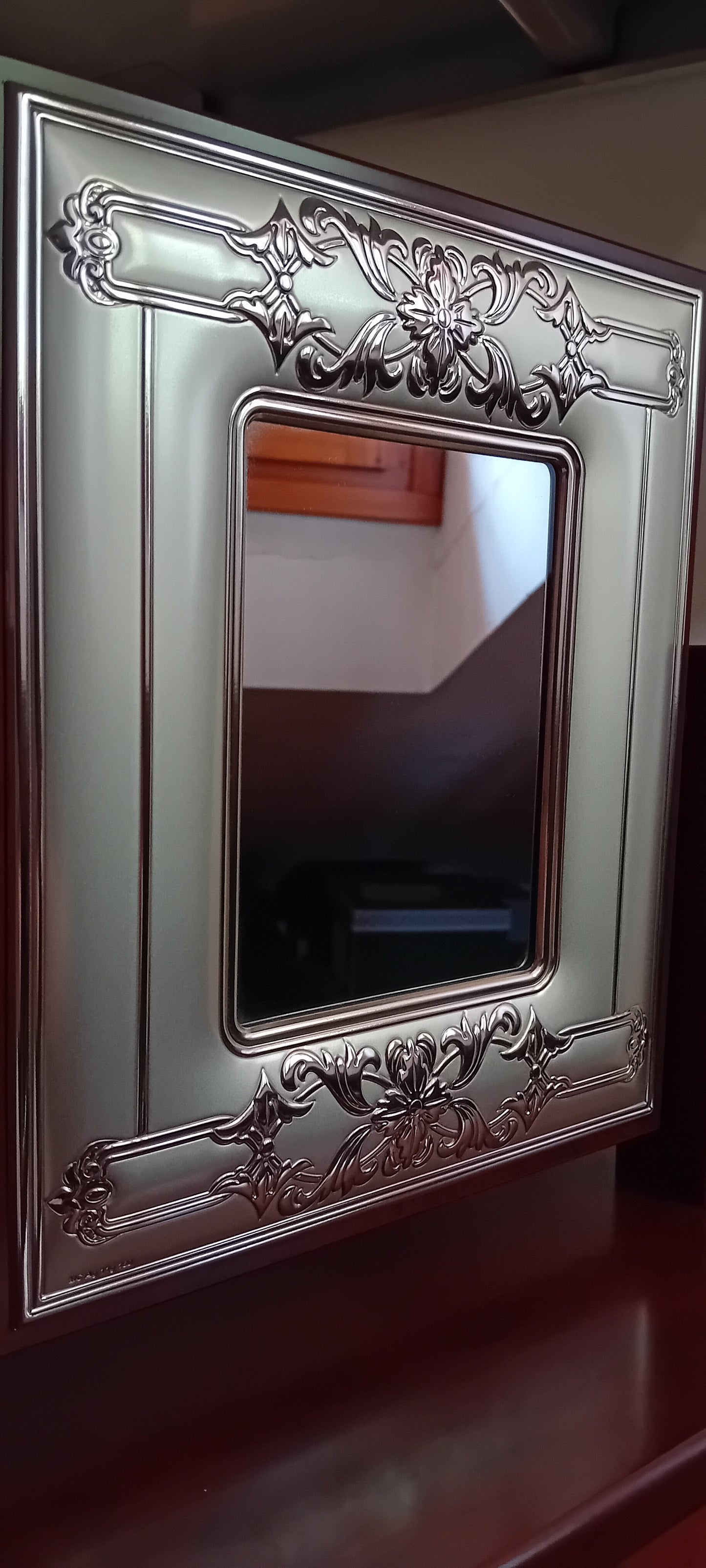Specchiera con cassetto in legno e argento